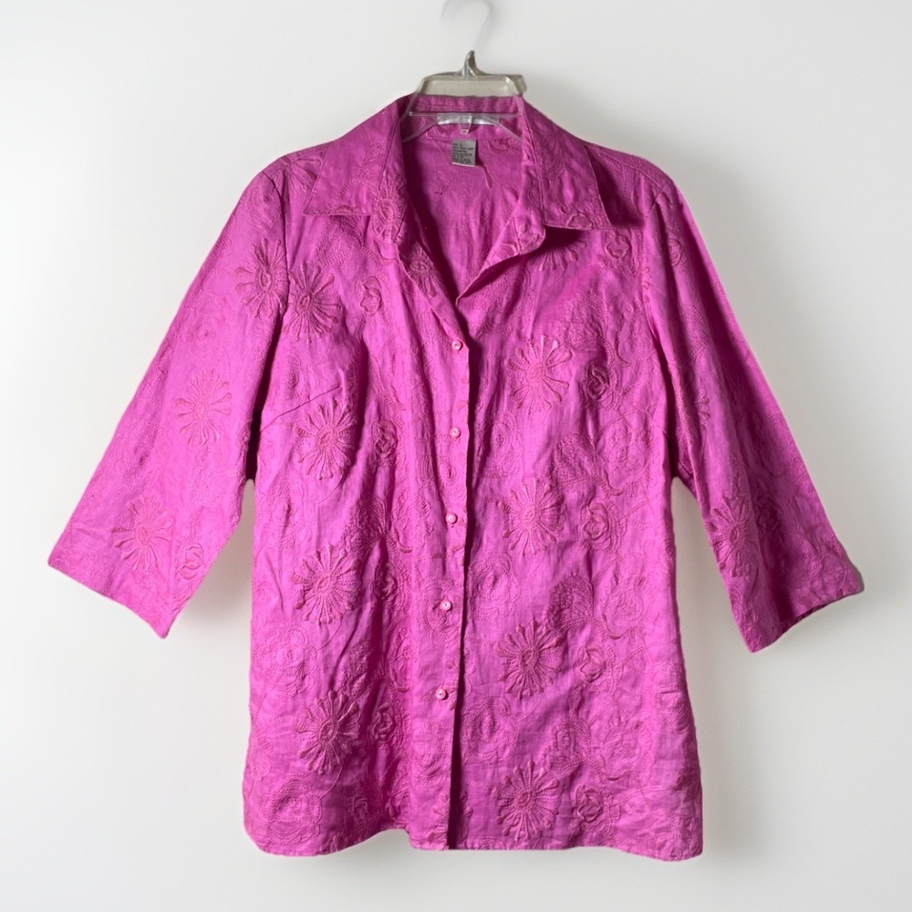 Peter Martin Linen Embroidered Top Womens Large Pink Floral 3/4 Sleeve Coastal‎